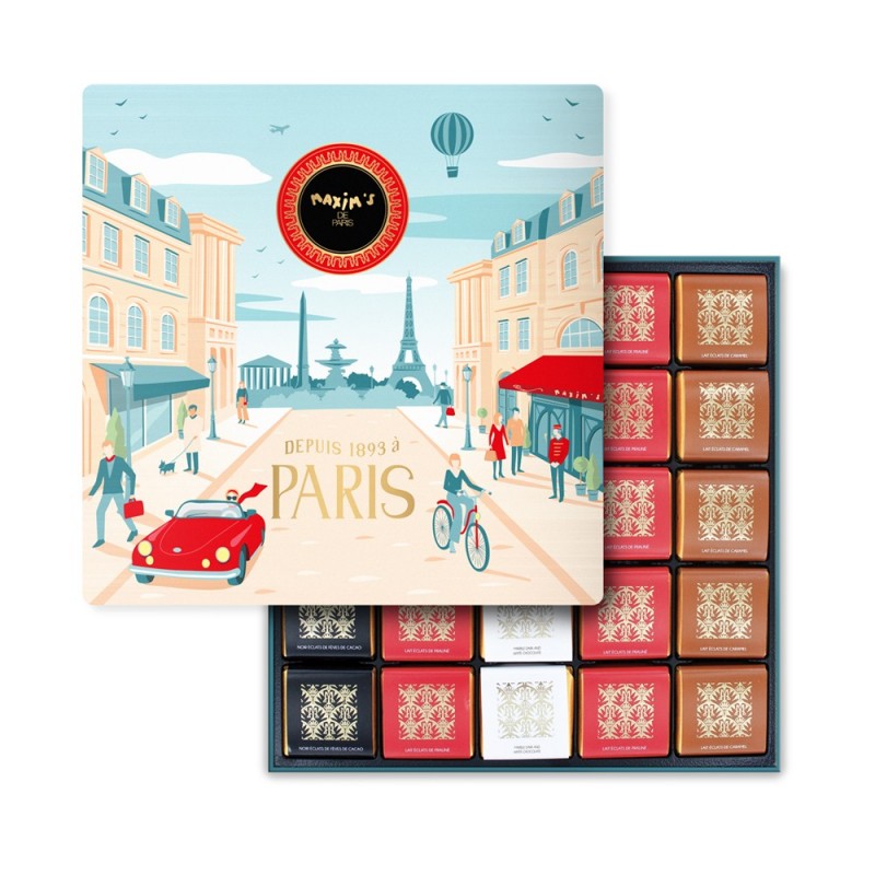Maxim's square Tin of 50 chocolate squares - Paris design Square Tin of Chocolate Squares "Bonjour Paris", 50 pces-Chocolate-Maxim's shop